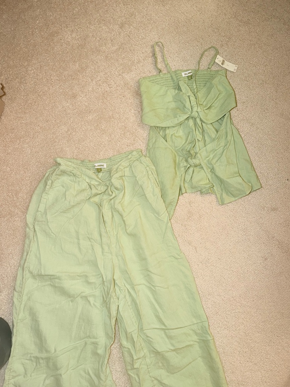 Light Green Linen Blend Tank & Wide-Leg Pant Set